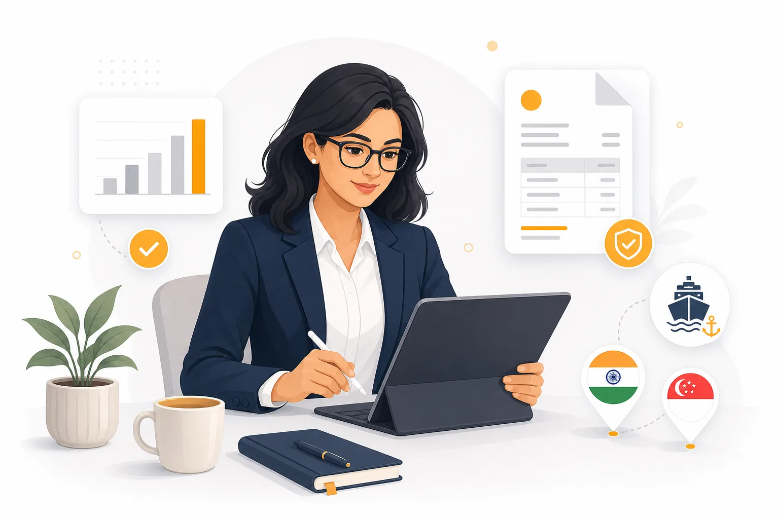 Tax consultant reviewing documents on a tablet, surrounded by charts, compliance badges, and India, Singapore, and maritime icons