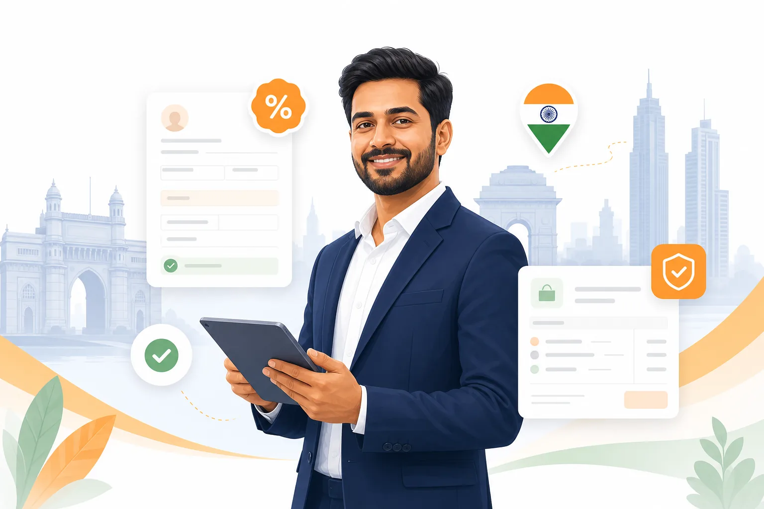 Smiling tax consultant holding a tablet with floating ITR form, GST invoice, percent badge, checkmark, and India flag pin, set against a stylized skyline featuring the Gateway of India and India Gate