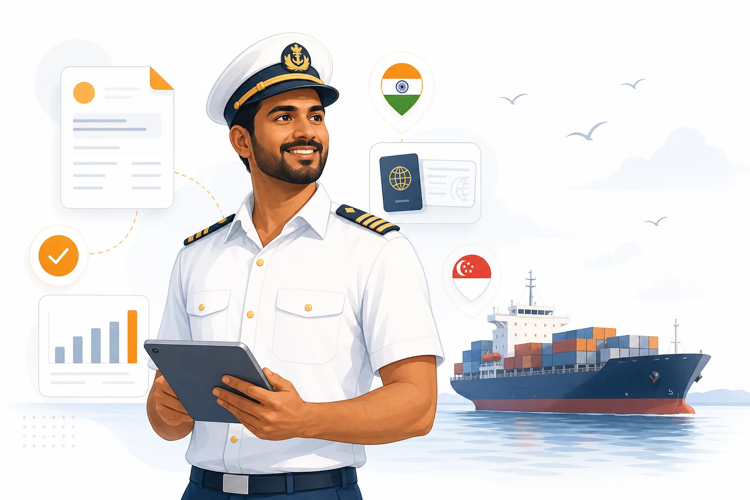Smiling merchant navy officer in white uniform holding a tablet, with a cargo ship in the background and floating tax document, checkmark, chart, passport, and India and Singapore location pins