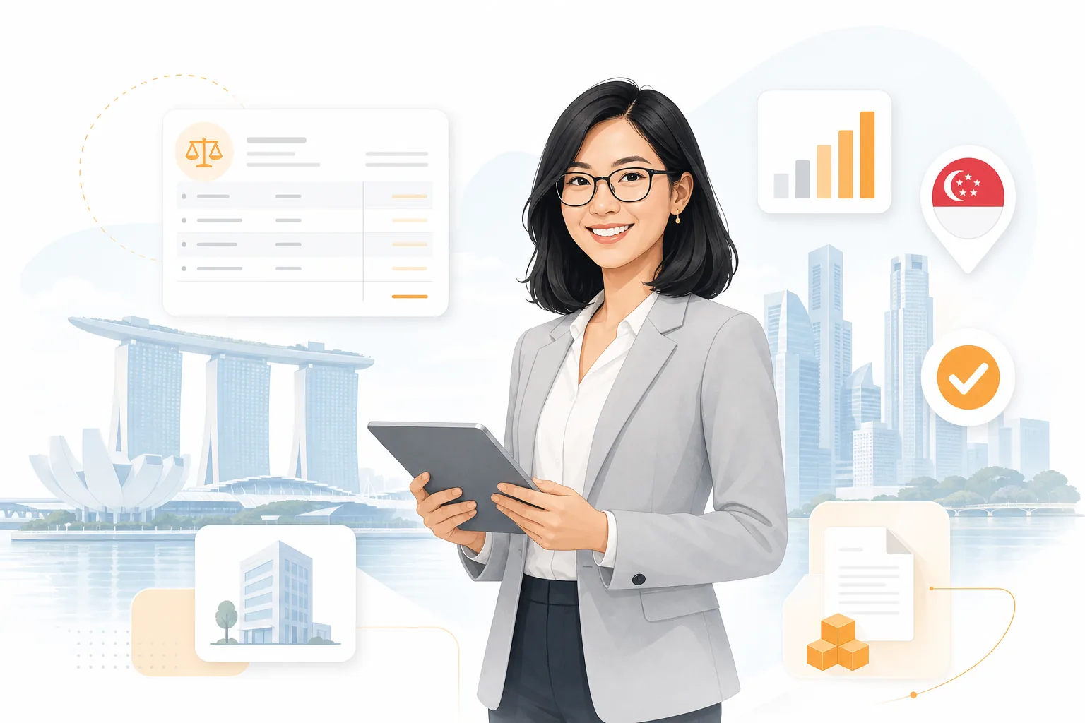 Smiling accountant holding a tablet with floating ledger, chart, building, checkmark, and Singapore flag pin, set against a stylized Marina Bay skyline